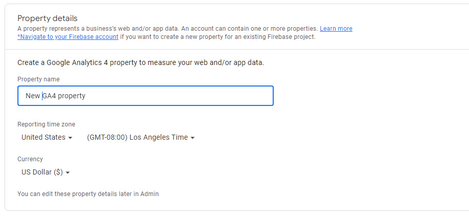 GA4 Property Name Time zone and Currency