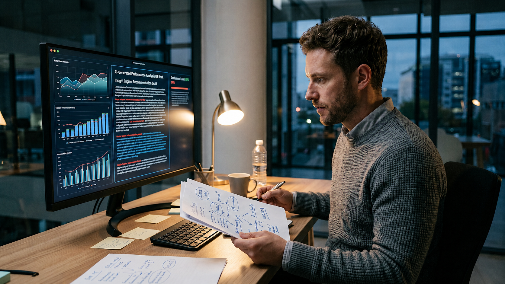 Person reviewing AI-generated SEO analysis on screen, applying human judgment to the output