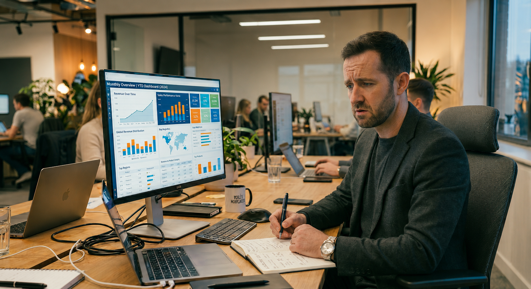 Senior team member analyzing marketing reports and metrics on monitor